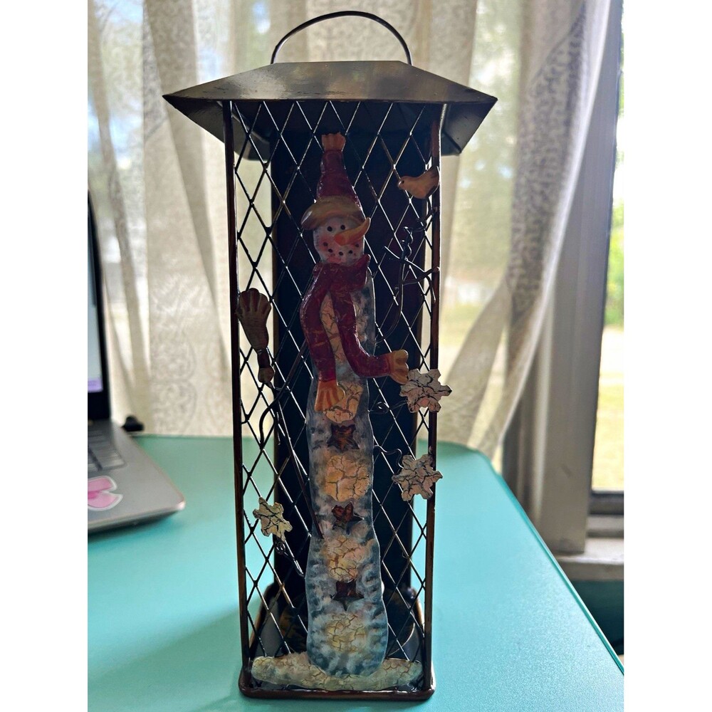 Snowman hand painted candle lantern in 12 inches tall